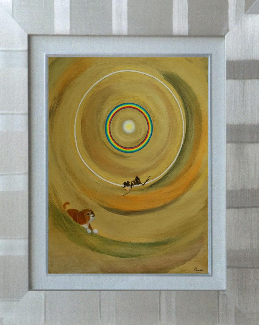 油絵菅家令子絵 絵画インテリア額付(青緑＋金色の枠)F6-070119祈り犬女子