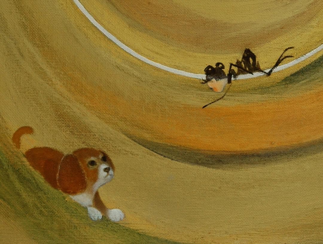 油絵菅家令子絵 絵画インテリア額付(青緑＋金色の枠)F6-070119祈り犬女子