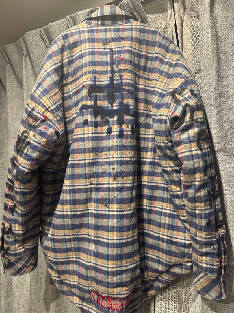 ぶ*】様 CVTVLIST ペイント Drip Check Shirt ブルー