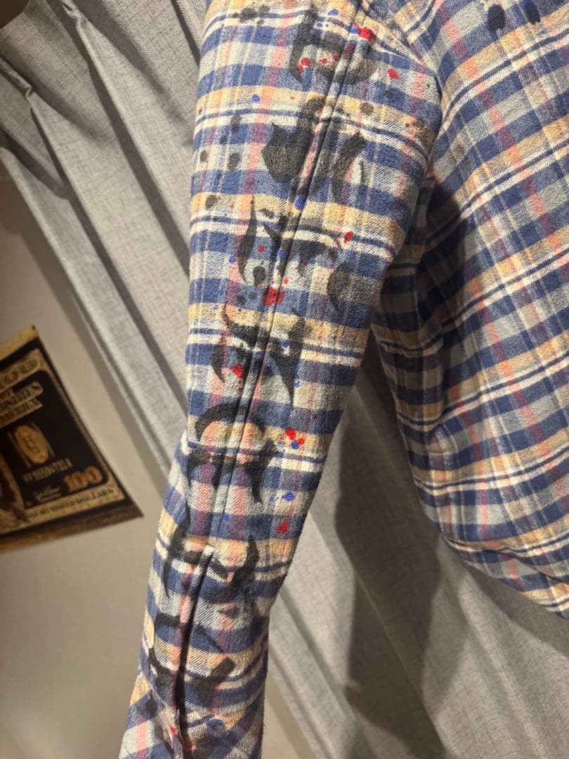 ぶ*】様 CVTVLIST ペイント Drip Check Shirt ブルー