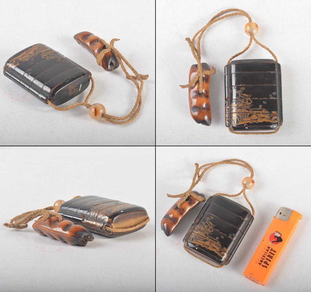 時代提げ物　金蒔絵桜閣山水文　印籠　薬入　獣骨根付　緒締め玉　D　R5255