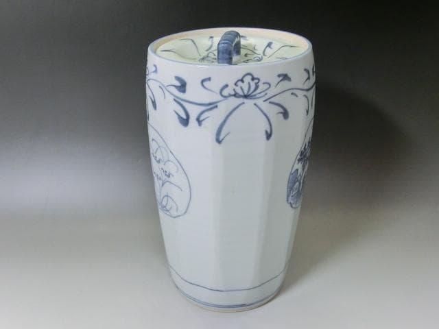 水指■平安 祥堂 染付 完品 古宗付字 中置 窓人物絵 菊 共箱 骨董 古美術■