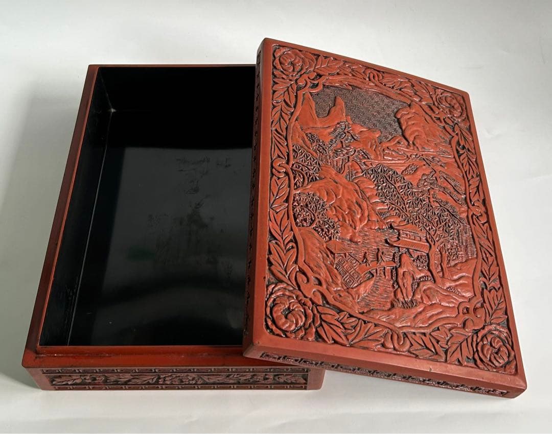 堆朱 楼閣山水図 硯箱 文箱 書道具 文房具