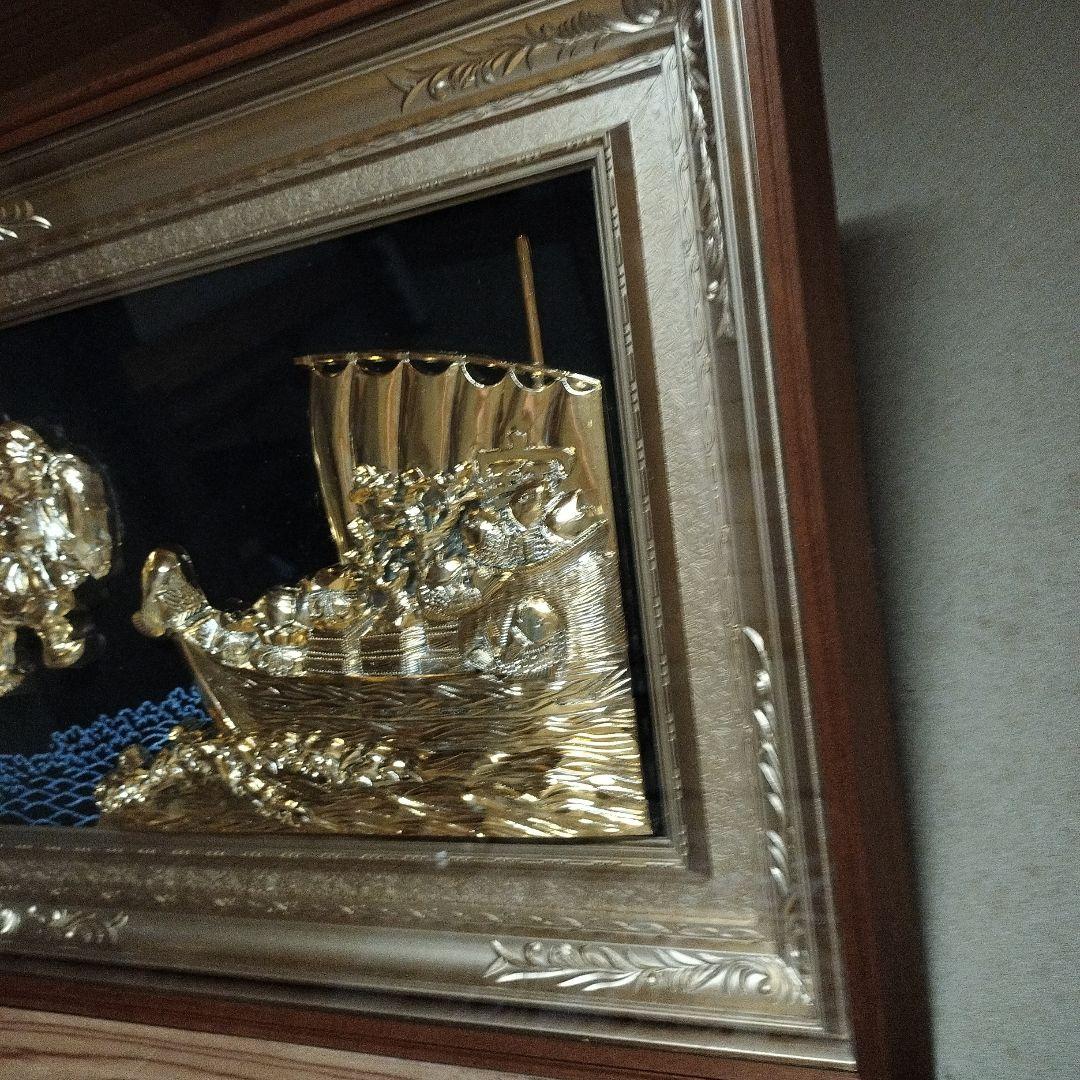 黄金七福神 純金純銀鍍金 宝船 縁起物 開運 壁掛け インテリア 額装