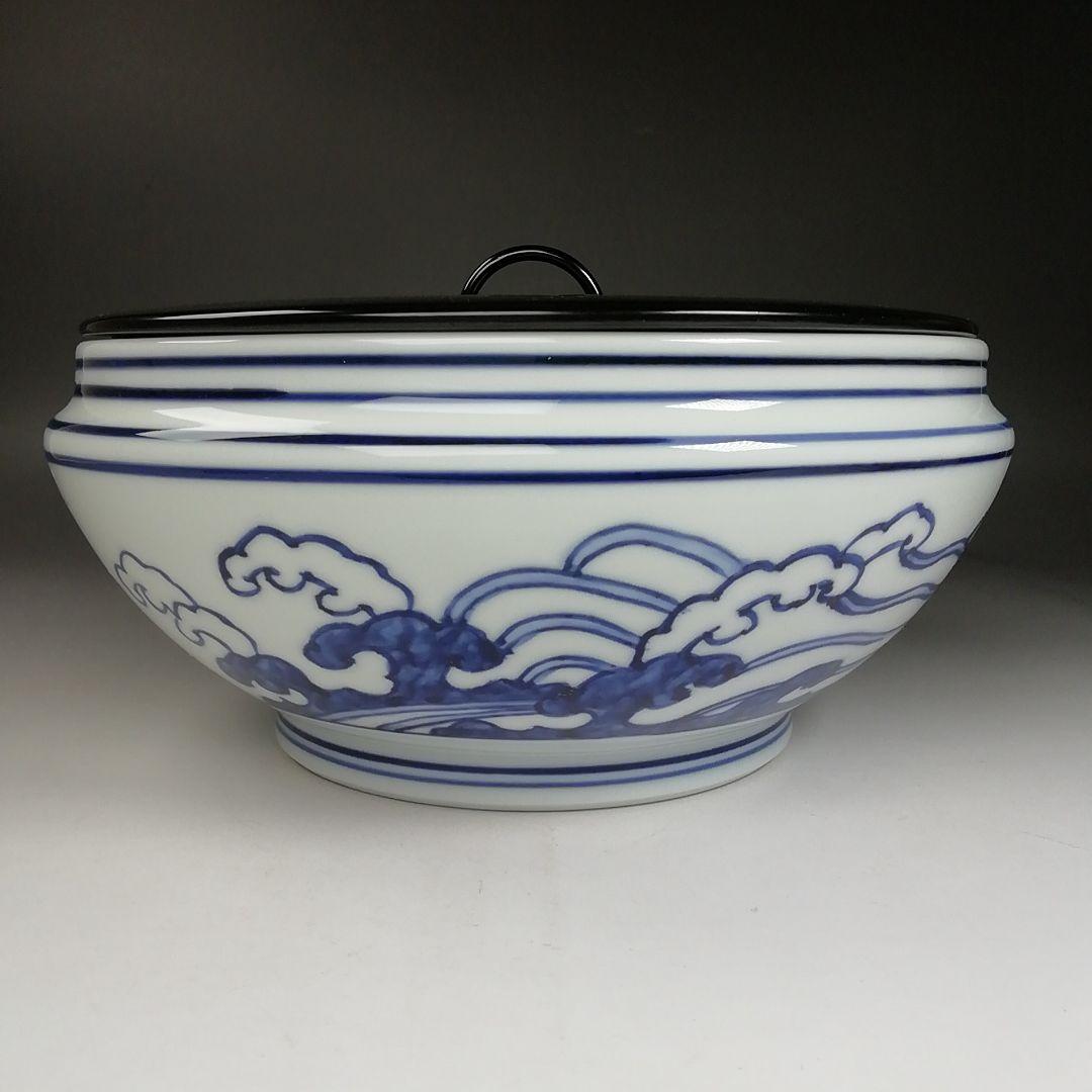 Ｗ３２　水指　『染付　桜川』『押小路窯　庄左ェ門』　共箱　茶道具