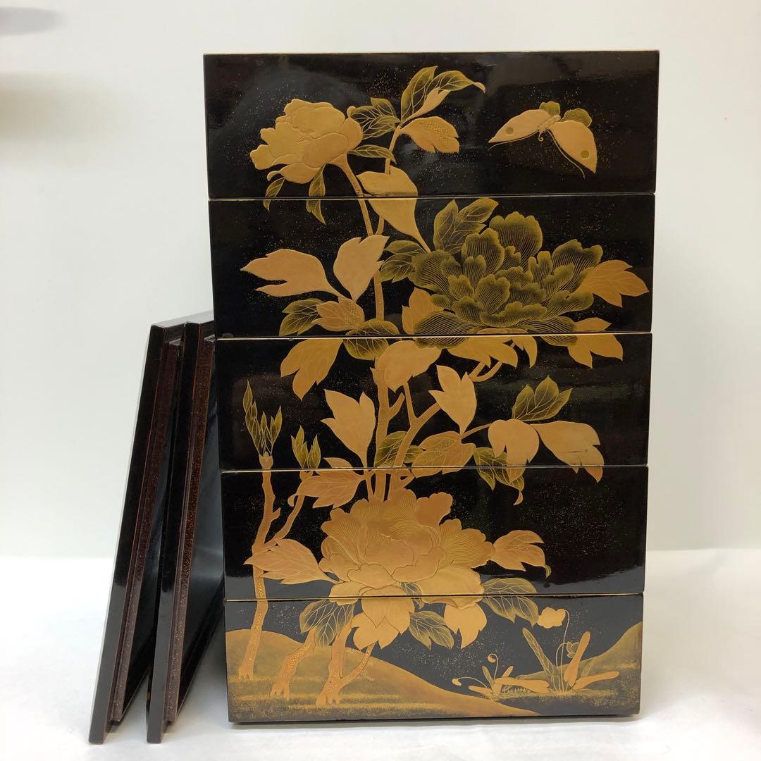 金蒔絵お重　漆器　木製　花鳥図柄　唐獅子図柄　五段重別蓋付き　共箱無