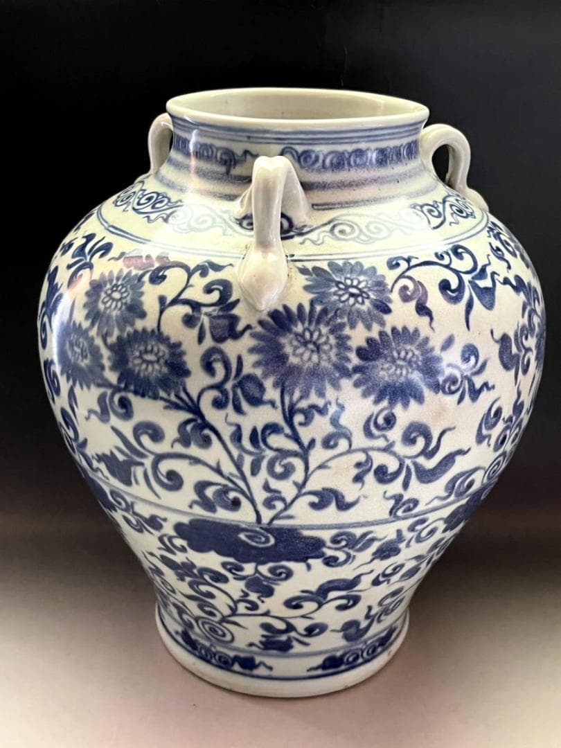 壷■安南染付耳付唐草文瓶 青華 花文大壺 古壷 花瓶花器 古玩 唐物  時代物■