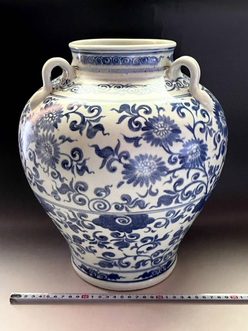 壷■安南染付耳付唐草文瓶 青華 花文大壺 古壷 花瓶花器 古玩 唐物  時代物■