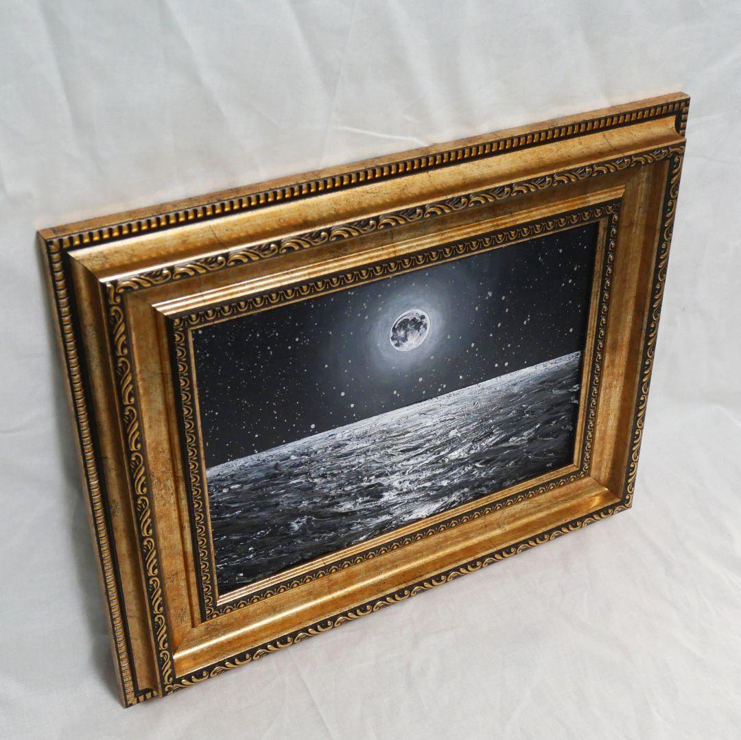 【作品名】：油絵【白黒の満月と星空の海】