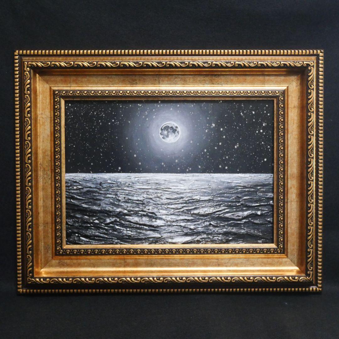 【作品名】：油絵【白黒の満月と星空の海】