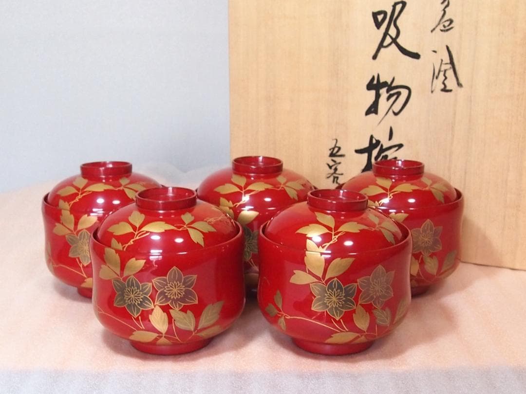 未使用】輪島塗 西久保田漆器店 朱塗/瓢箪型 小吸物椀 5客 汁粉椀/吸物