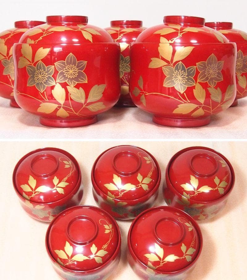 未使用】輪島塗 西久保田漆器店 朱塗/瓢箪型 小吸物椀 5客 汁粉椀/吸物