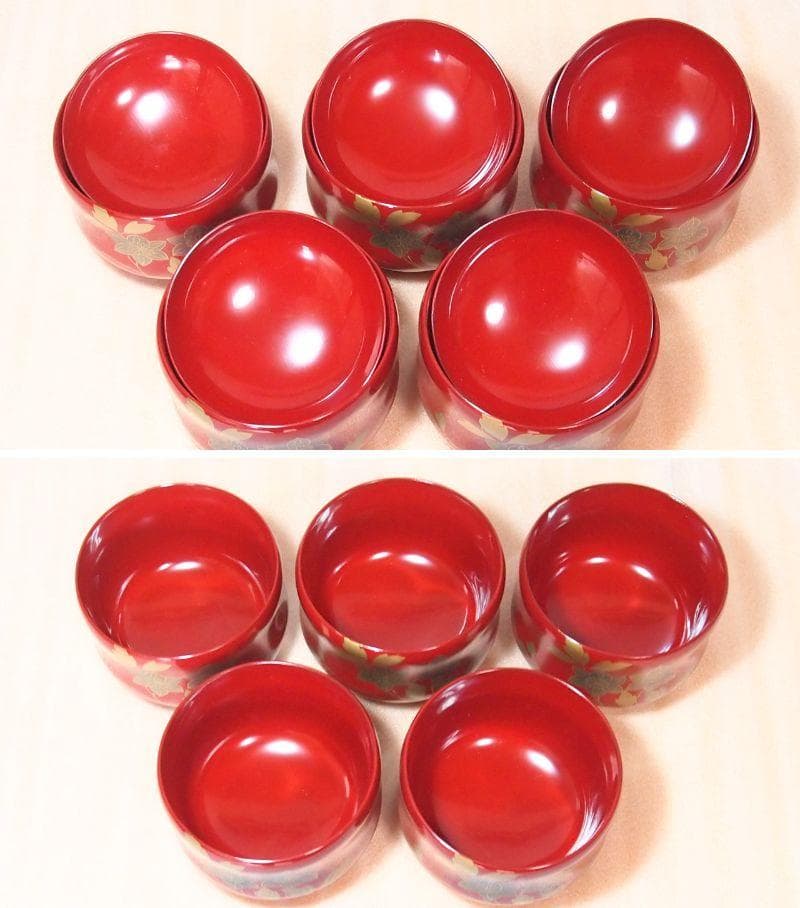 未使用】輪島塗 西久保田漆器店 朱塗/瓢箪型 小吸物椀 5客 汁粉椀/吸物