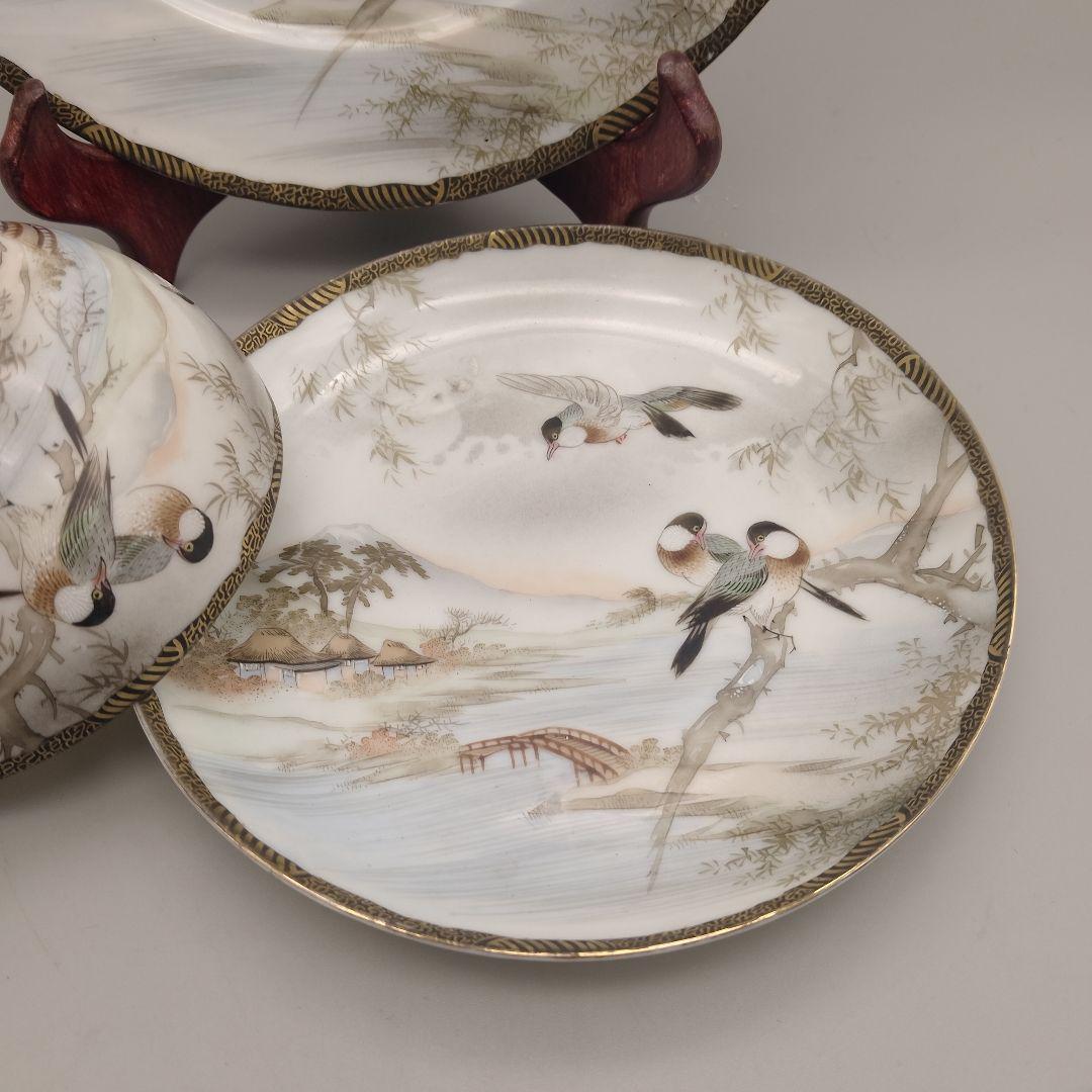 明治時代 大日本 高坂造 横浜焼 エッグシェル トリオ 里帰り 花鳥図