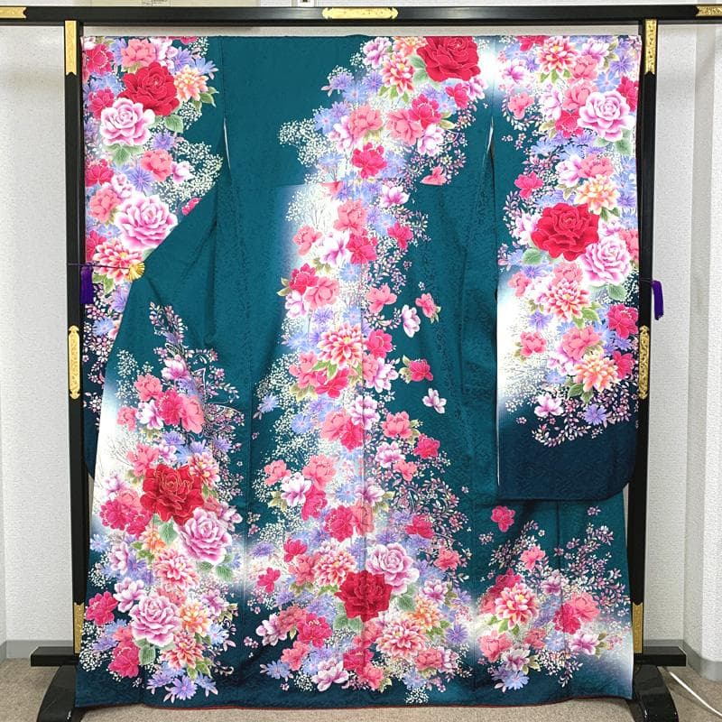 410z14〇高身長な方にも 振袖 長襦袢付き 地紋 金彩〇美品