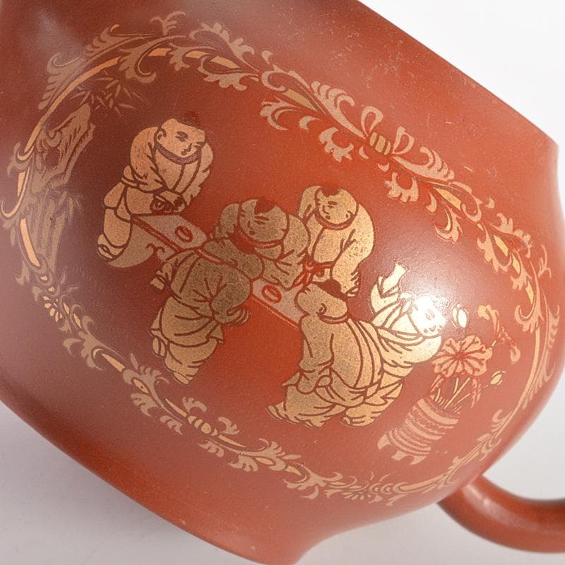 中国　洪星紫砂　朱泥　金彩山水人物文　急須　茶壷　箱付　C　6008