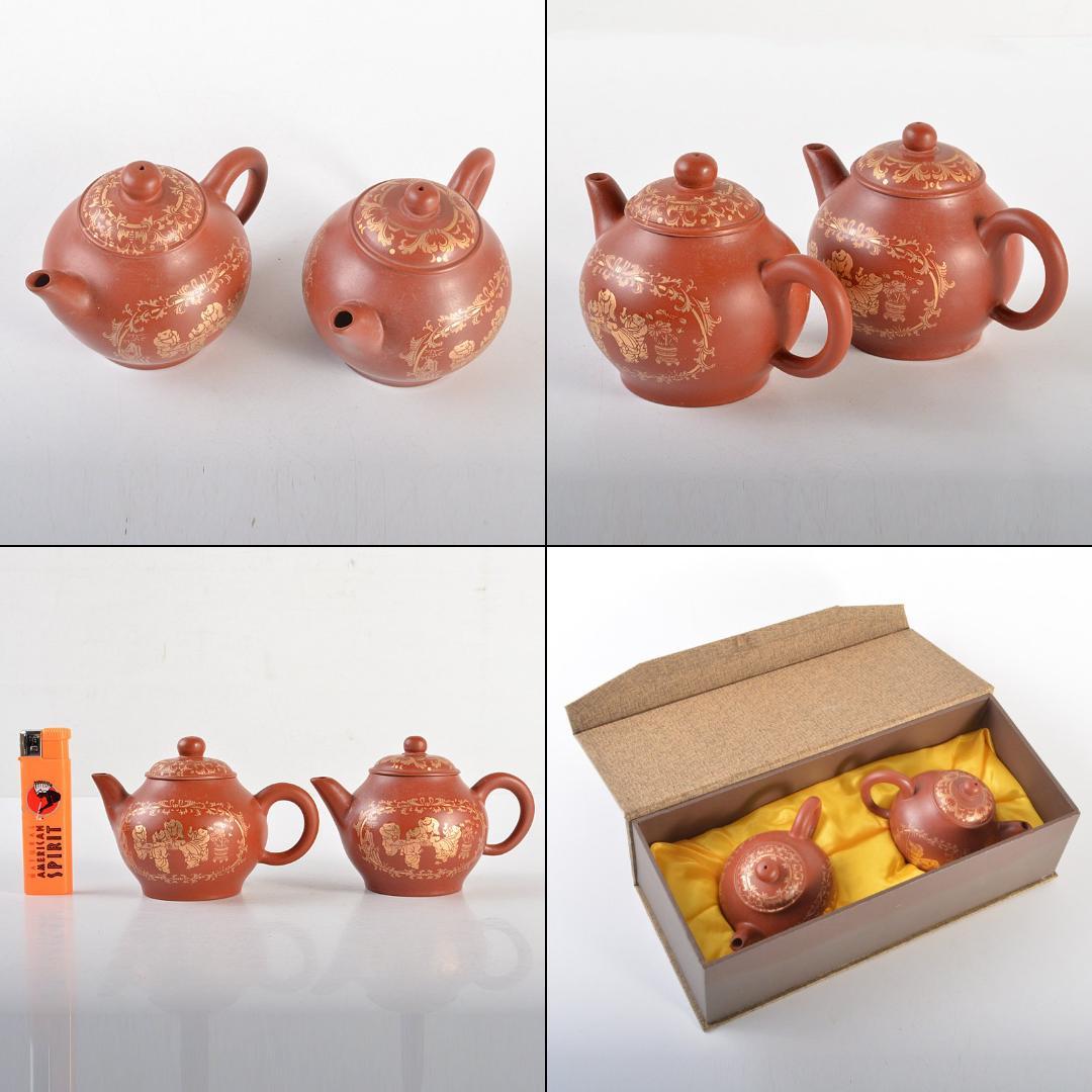 中国　洪星紫砂　朱泥　金彩山水人物文　急須　茶壷　箱付　C　6008