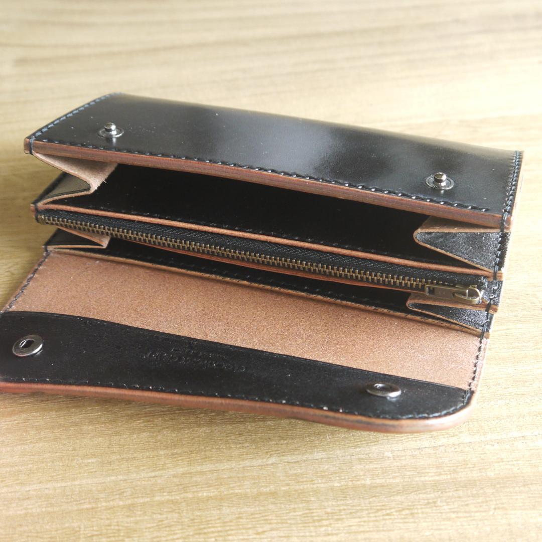 ヌメ革　栃木レザー　サドルレザー　赤タグ付き　ロングウォレット　三つ折り　黒