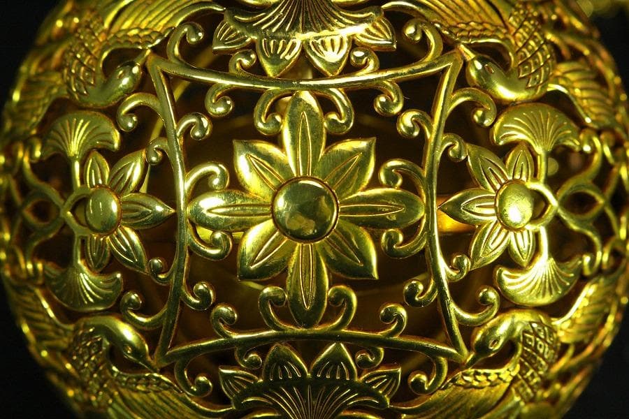 香道具 鍍金 纏枝蓮花 鳳紋透かし 吊り香炉 球香炉 唐物(K-