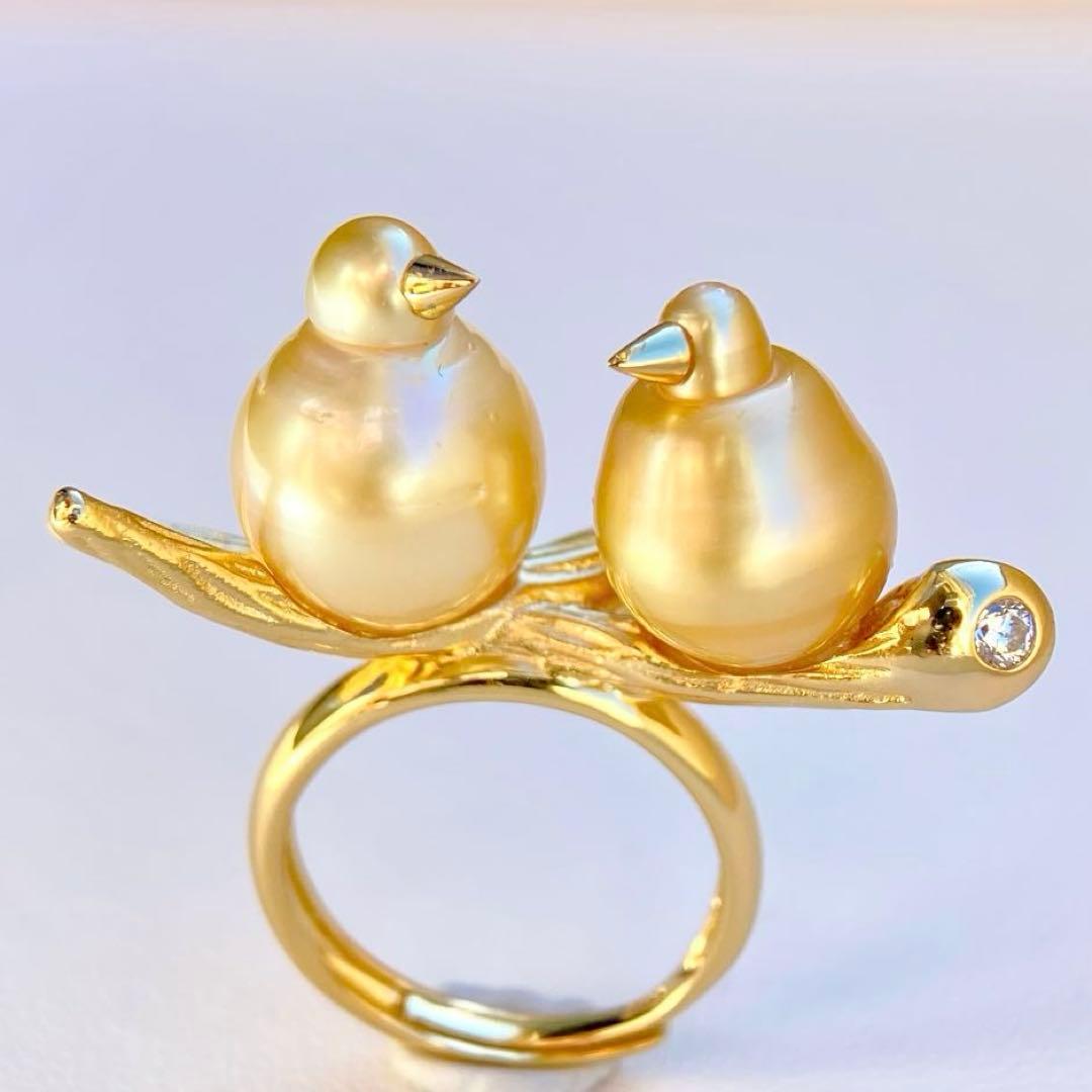 本真珠南洋白蝶真珠ゴールド&濃金s925「鳥と枝」リングY1005