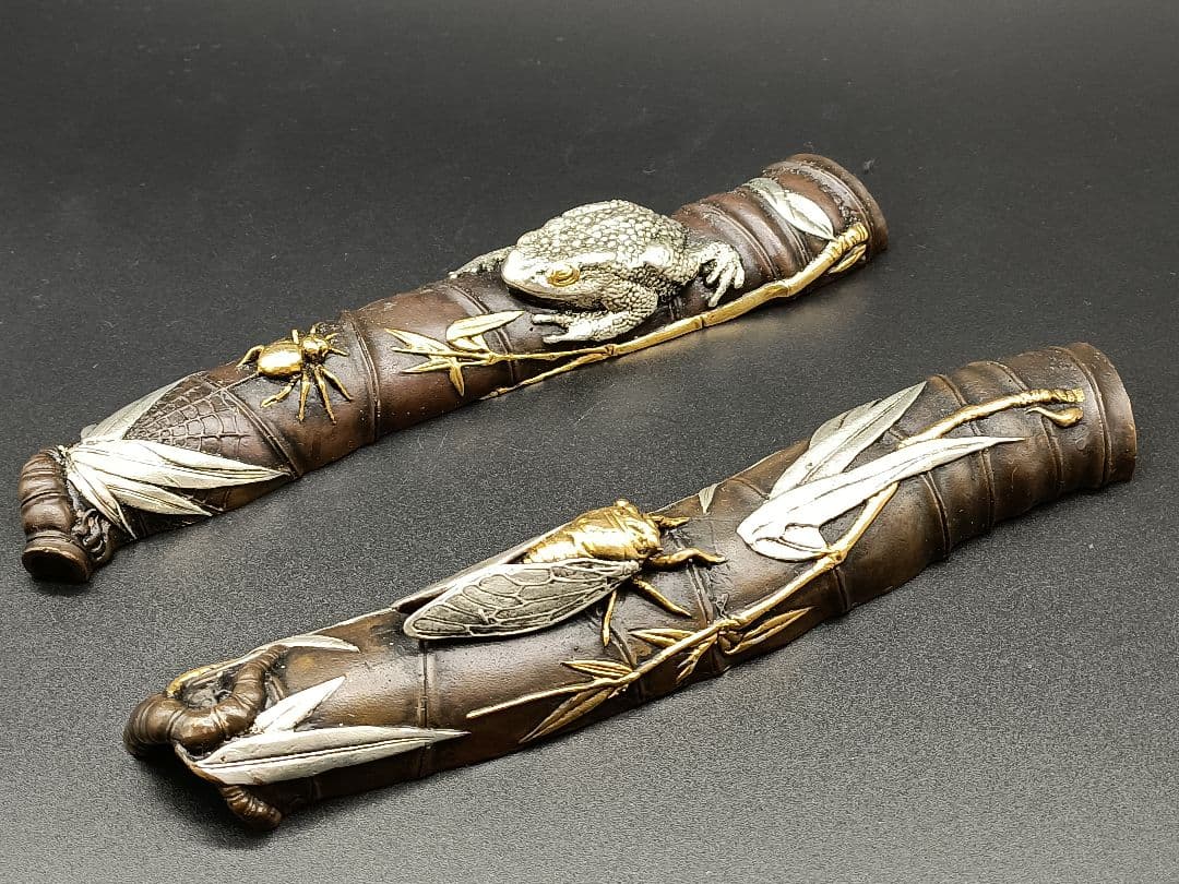 銅製鎮紙 金工師 金工 絵金銀 夏虫図 竹形 蝦蟇 蝉 蜘蛛 蠍