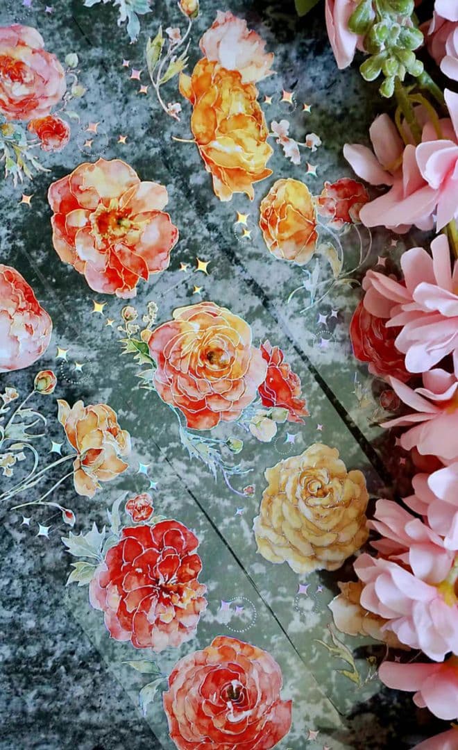 巻売 467☆ 海外 マスキングテープ マステ PET 装飾 花 銀ホロ