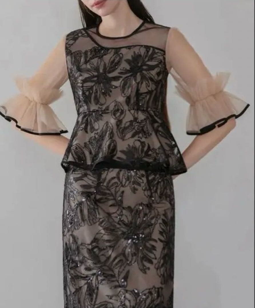 アシンメトリーシアーフラワースパンコールフリルチュール セットアップドレス