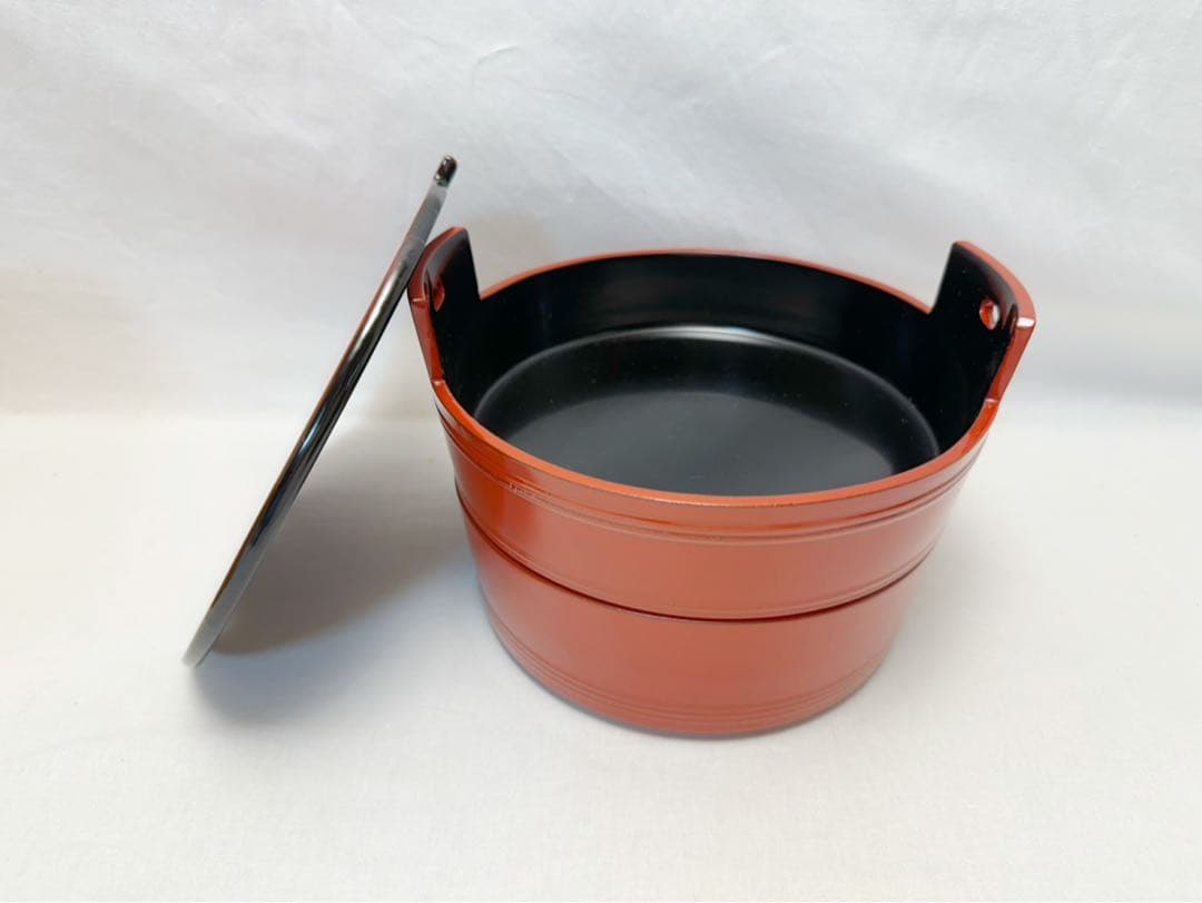 未使用 茶道具 漆専堂造 木製朱塗 桶形二段重 内黒 木工芸 共箱