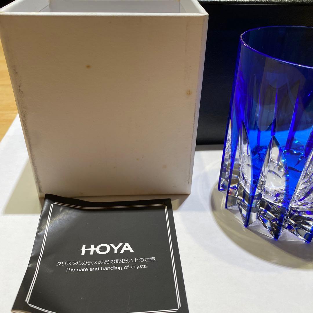 希少 未使用HOYA保谷佐々木文夫デザイン 青色被せクリスタル切子