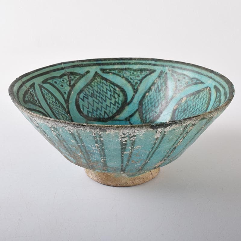 ペルシャ陶器　二シャプール出土　十世紀　青釉黒彩鉢　時代箱付　V　R8419