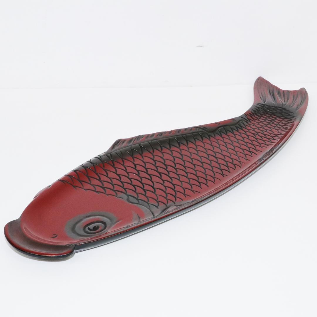 煎茶道具 朱漆 鯉型 大煎茶盆　横幅 57cm