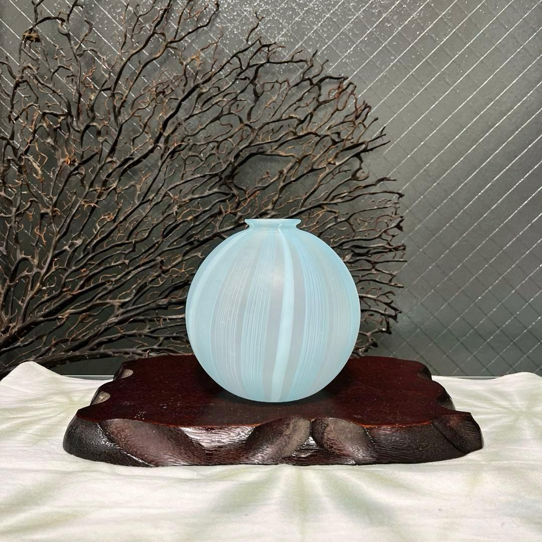 骨董　現代作家　富山ガラス工房　作家作品　縞模様　スカイブルー　かぶら型　花器 骨董 現代作家 富山ガラス工房 作家作品 縞模様 スカイブルー かぶら型
