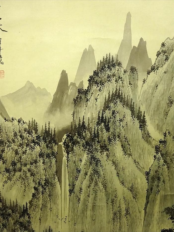 大幅掛軸 辛石『奇峰飛瀑 山水図』中国画 絹本 肉筆 箱付 掛け軸 g04011