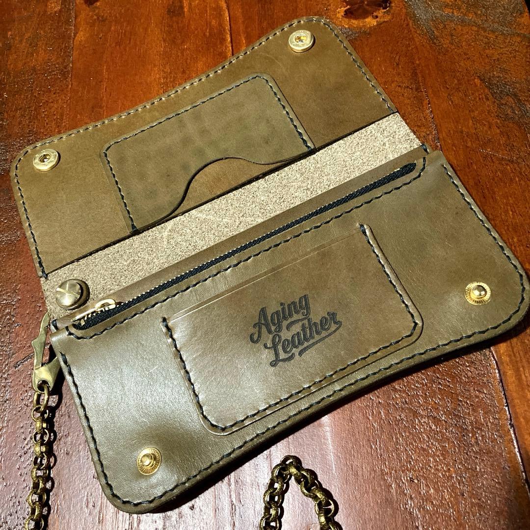 本革　財布　チェーン付き　手縫い　ヌメ革　レザークラフト ハンドメイド