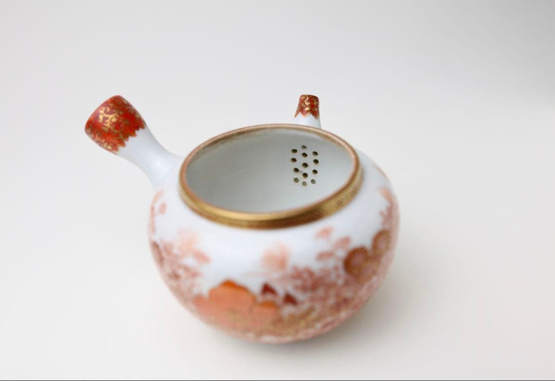 九谷焼 金城竜山 九谷竜山 金彩 赤絵秋草 煎茶器 急須 煎茶道具 煎茶碗