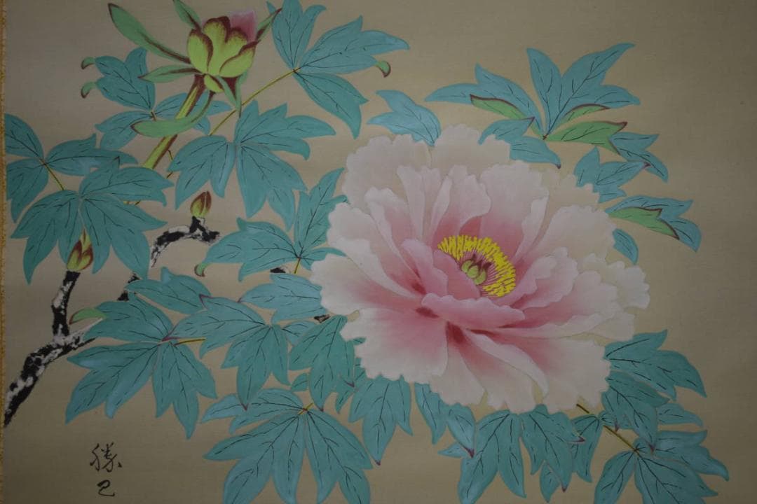 真作/勝己/牡丹図/横物/桐共太巻二重箱付/布袋屋掛軸HI-944