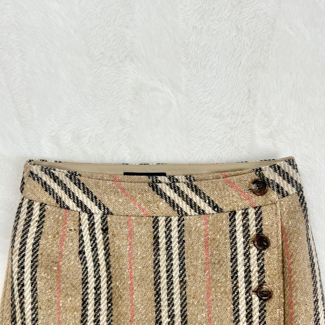 【バーバリーロンドン】ウールノバストライプラップスカート☆ミモレ丈☆ボタン☆S