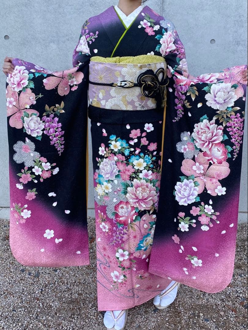 かなりあ様専用 振袖 花柄 黒 ピンク 帯付き｜かなりあ 振袖 花