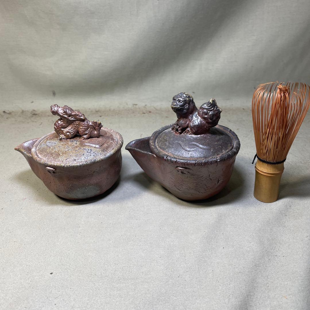 備前焼　備前手造り龍宝瓶　獅子宝瓶 在銘 ２点セット 煎茶器 急須 煎茶道具