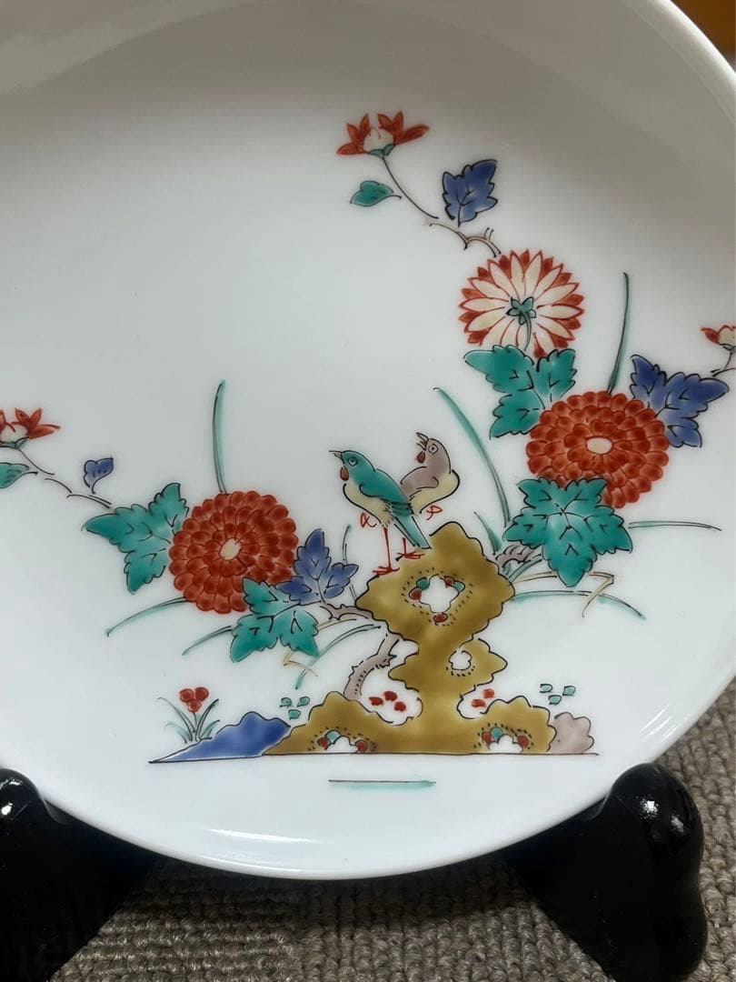 人間国宝十四代 酒井田柿右衛門 錦菊鳥文 額皿 共箱 栞 皿立付