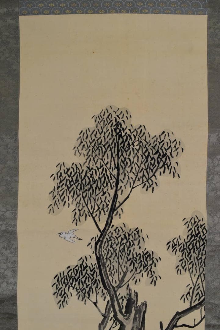 【真作】森春岳/柳に人物図/掛軸☆宝船☆AB-98