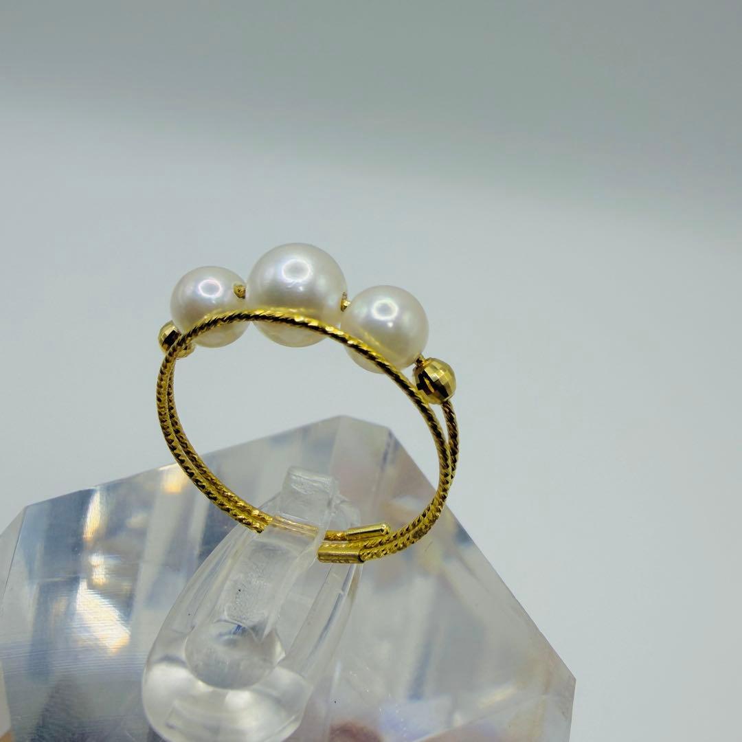 【新品】K18 アコヤ真珠 リング 3珠 フリーサイズ 伊勢志摩 真珠屋さん