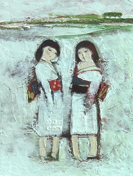 油絵 菅家令子 絵画インテリア額付(青緑＋金色の枠)uF6-071402雪国 女