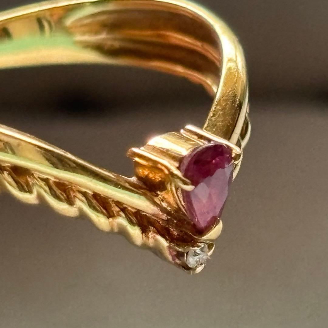 ルビー ダイヤモンド ゴールドリング 7号 K18 2.0g V字ツイスト