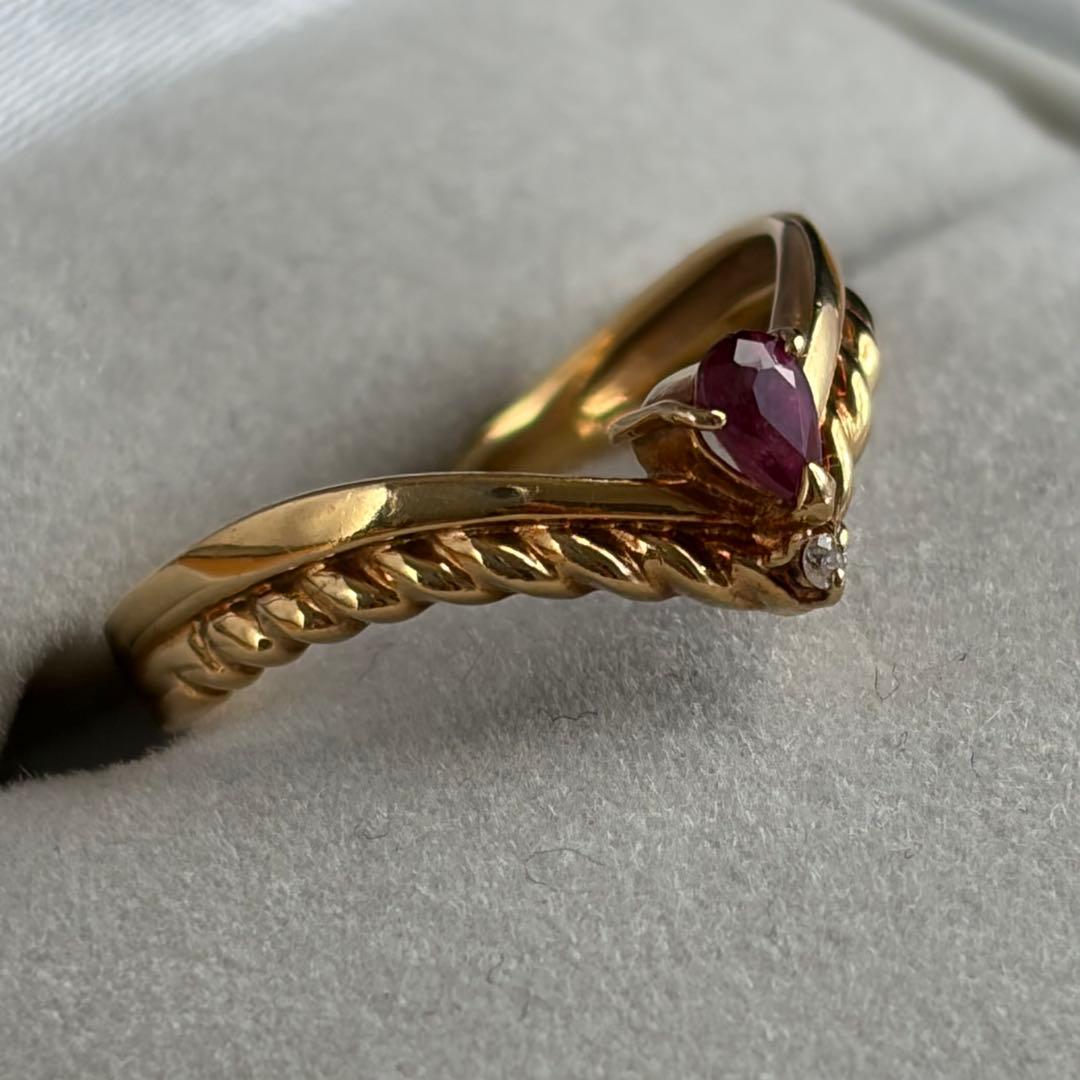 ルビー ダイヤモンド ゴールドリング 7号 K18 2.0g V字ツイスト