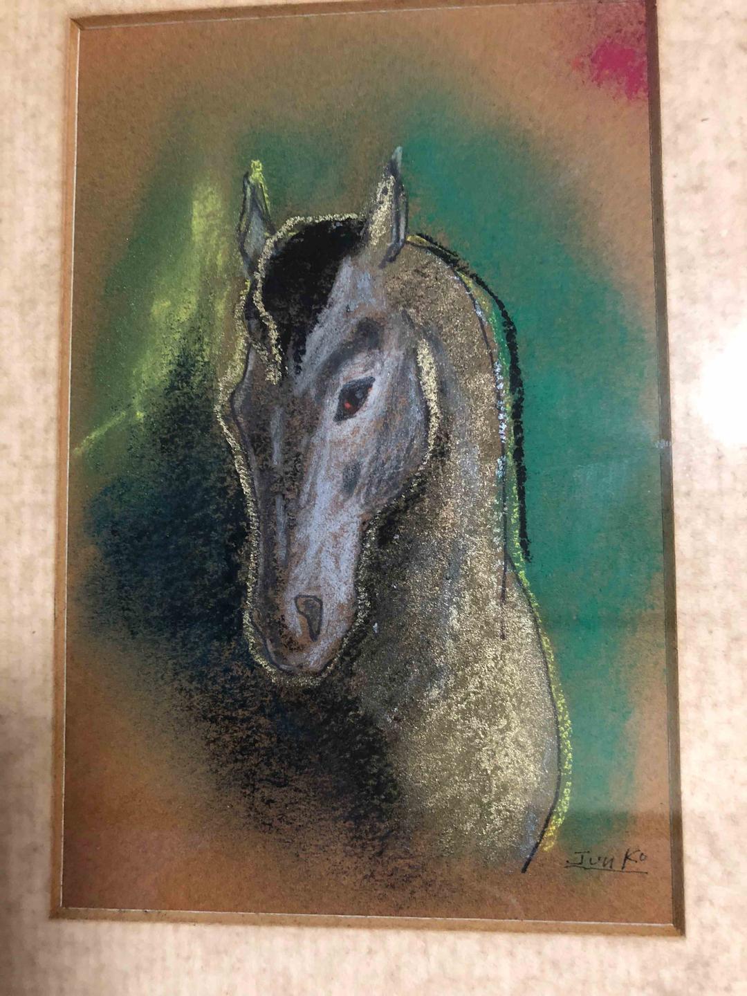 サラブレットの絵　芦毛の馬　額入り　1点もの　サイン入り