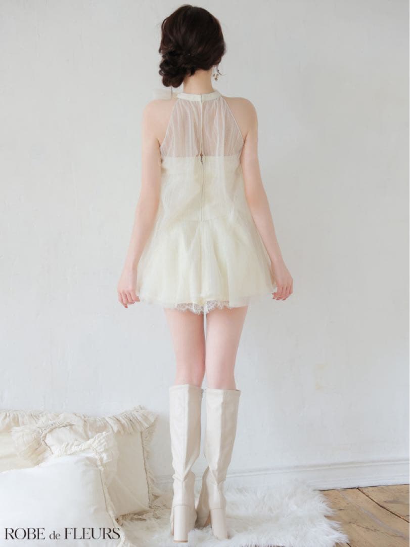 ROBE de FLEURS ハイネックウエストリボンフレアミニキャバドレス