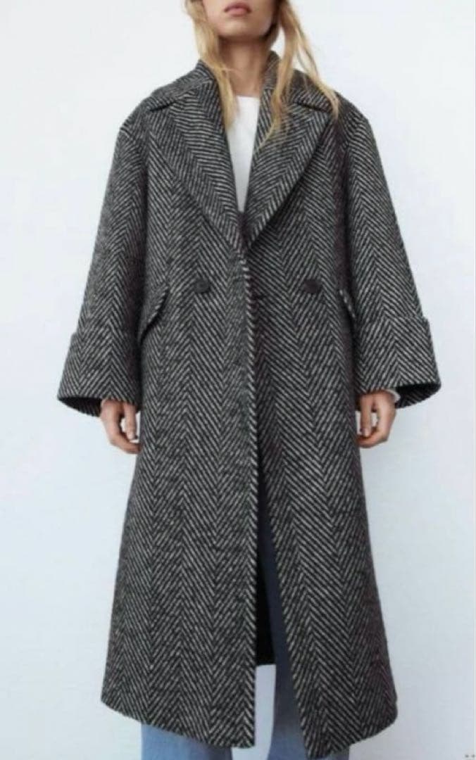 ZARA ヘリンボーン ダブルブレストコート ロングコート オーバーサイズ
