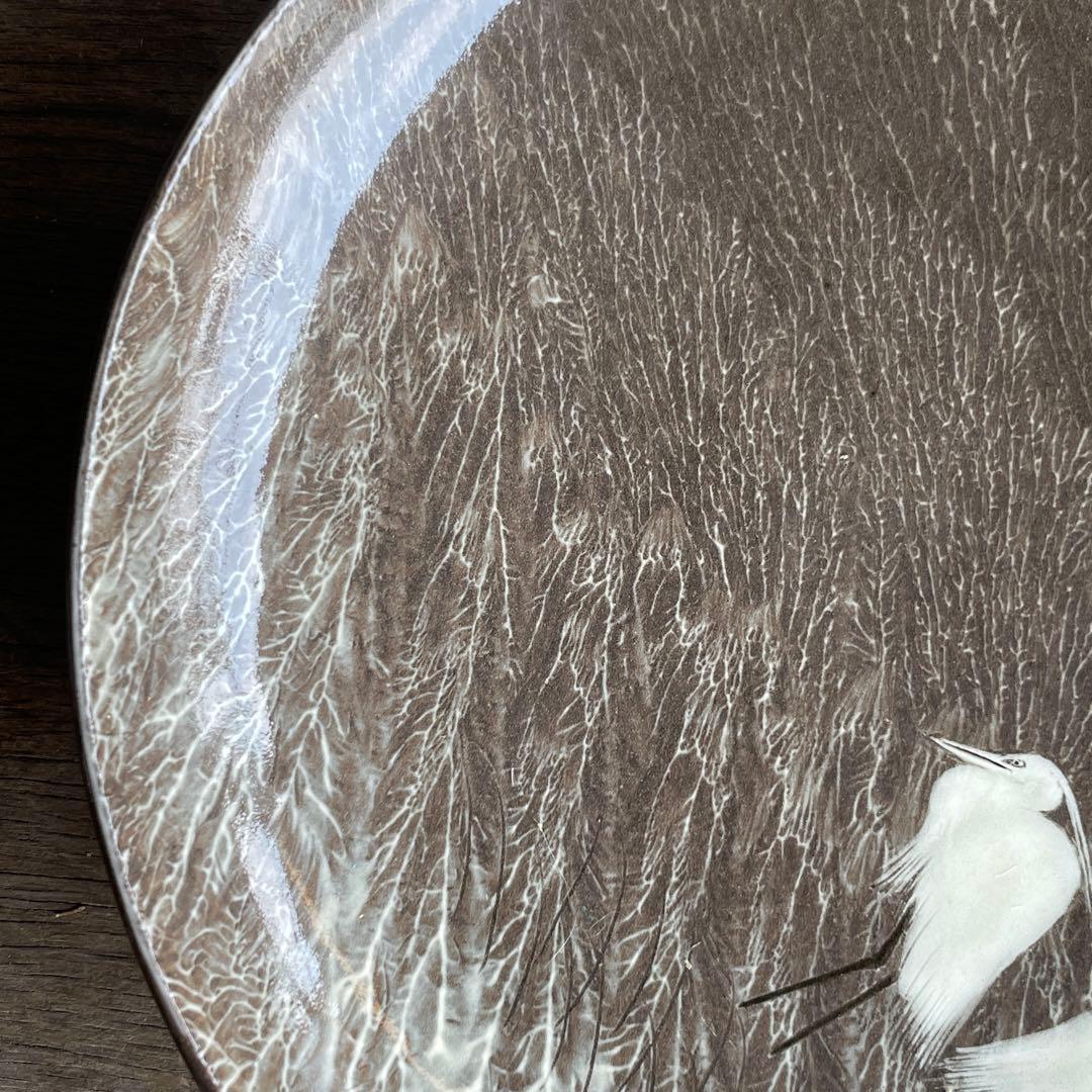 送料無料　十三代　横石臥牛　秀逸作　白鷺図　飾皿　現川焼　額皿　陶額