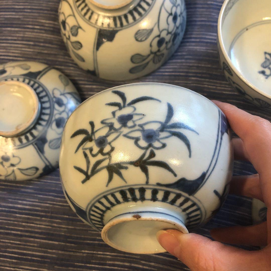 江戸後期時代染め付け茶碗蓋5個セット 江戸後期時代染め付け茶碗蓋5